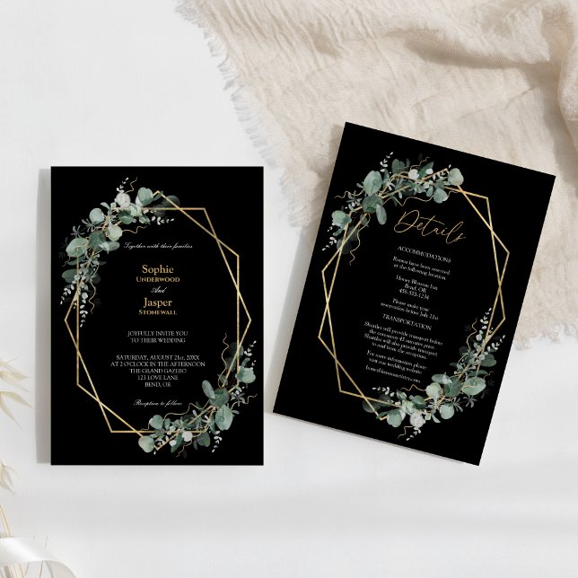 Greenery Gold Simple Black All In One Wedding Invitation (Creator Uploaded)