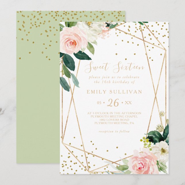 Greenery Gold Sweet Sixteen Birthday Party Invitation (Front/Back)