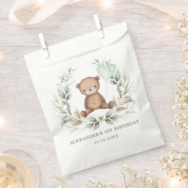Greenery Gold Teddy Bear Balloon Baby Shower Party Favour Bags (Clipped)