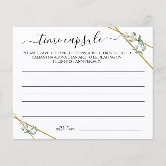 Greenery Gold Time Capsule Advice Shower Game Card (Front)