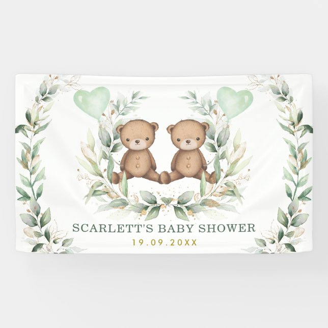 Greenery Gold Twin Teddy Bears Baby Shower Welcome Banner (Horizontal)