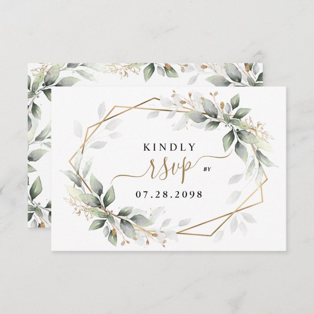 Greenery & Gold Two 2 Meal Choice Rustic Wedding RSVP Card (Front/Back)