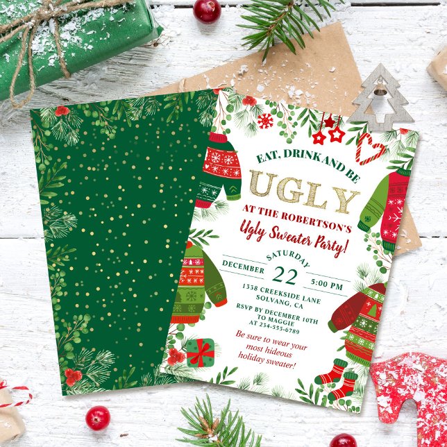 Greenery Gold Ugly Sweater Party Christmas Holiday Invitation (Creator Uploaded)