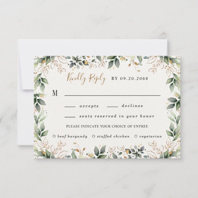 Greenery Gold Watercolor Boho Meal Choice Wedding RSVP Card (Front)