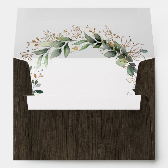 Greenery Gold Watercolor Boho Wood Grain Wedding Envelope (Back (Bottom))