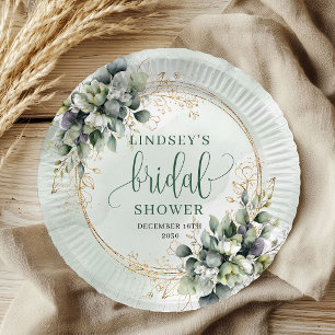Greenery Gold Watercolor Bridal Shower Paper Plate