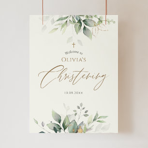 Greenery Gold Watercolor Christening Welcome Poster