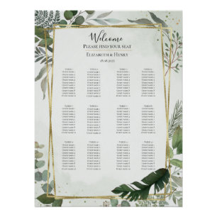 Greenery gold watercolour wedding seating chart