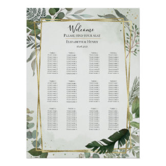 Greenery gold watercolour wedding seating chart