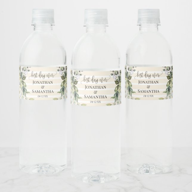 Greenery Gold Wedding Water Bottle Label (Bottles)