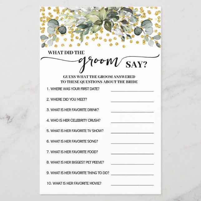 Greenery Gold What did Groom Say Shower Game Card (Front)
