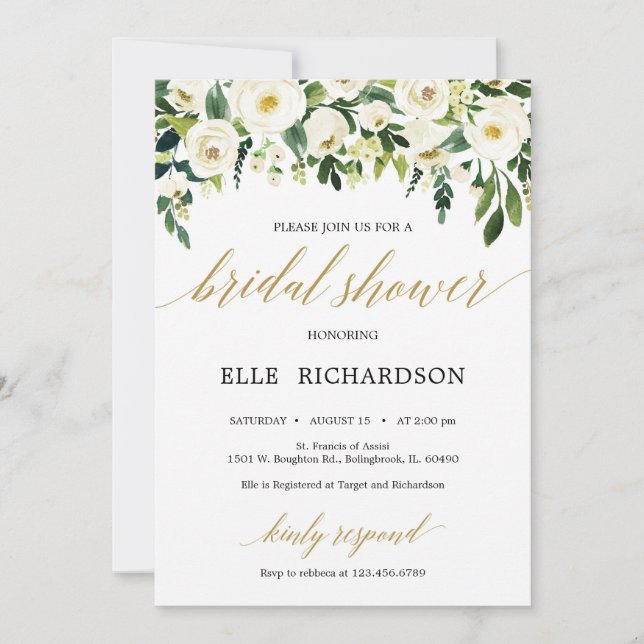 Greenery gold white floral roses bridal shower invitation (Front)