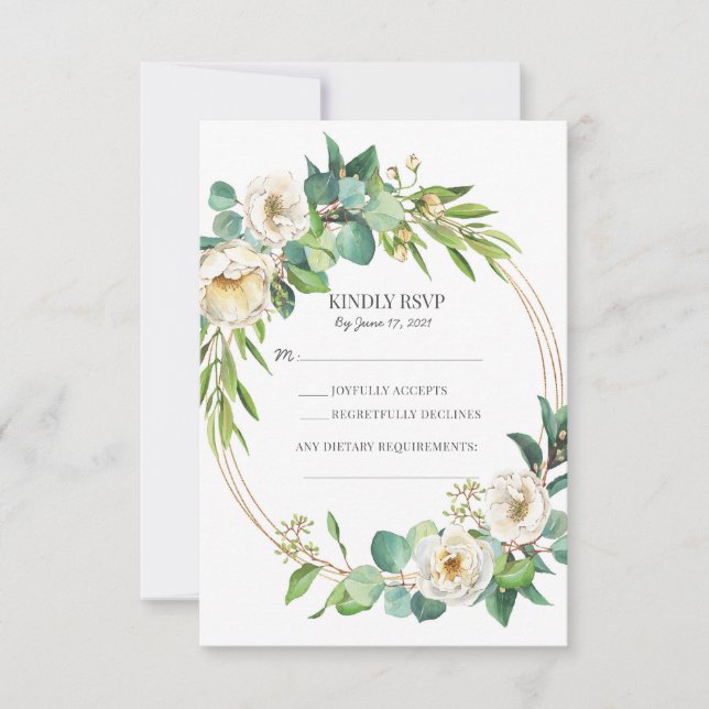 Greenery Gold White Floral Wedding RSVP cards (Front)