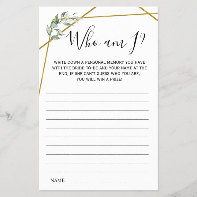 Greenery Gold Who am I? Bridal Shower game card (Front)