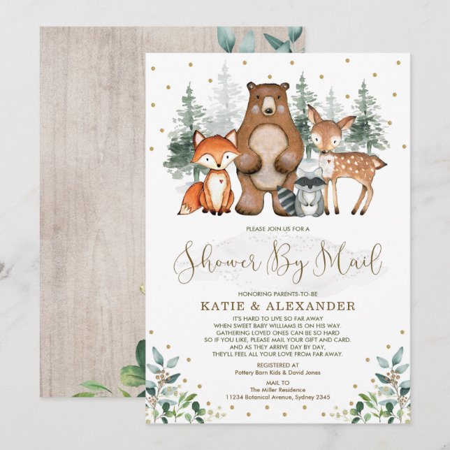 Greenery Gold Woodland Animals Baby Shower By Mail Invitation (Front/Back)