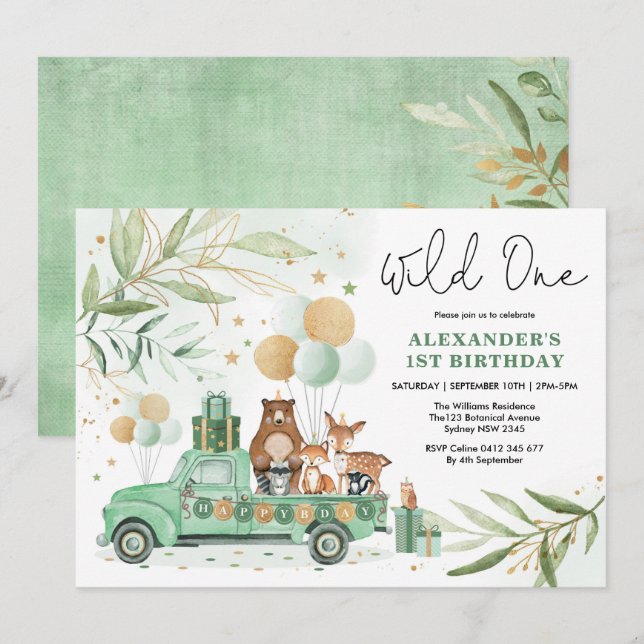 Greenery Gold Woodland Animals Wild One Birthday Invitation (Front/Back)