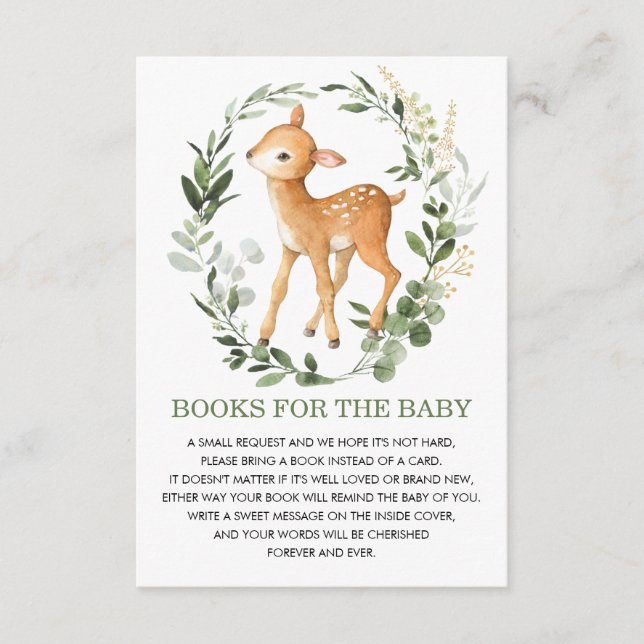 Greenery Gold Woodland Deer Books for Baby Library Enclosure Card (Front)