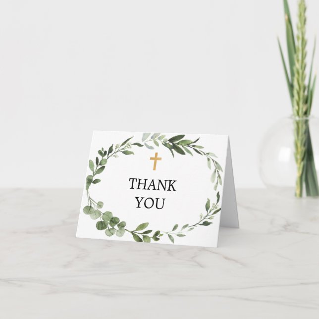 Greenery gold wreath baptism first communion cross thank you card (Front)