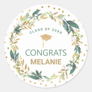Greenery Gold Wreath graduation cap Classic Round Sticker