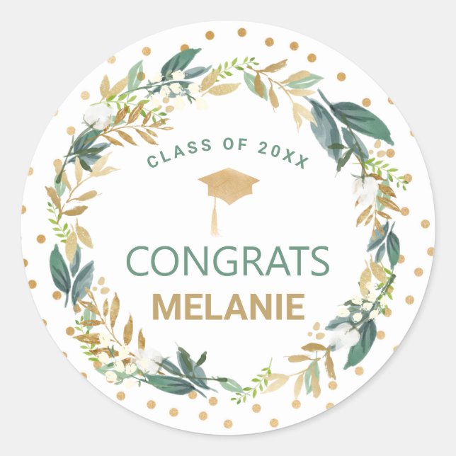 Greenery Gold Wreath graduation cap Classic Round Sticker (Front)