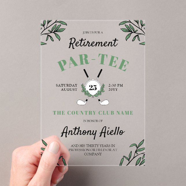 Greenery Golf Themed Retirement Party Acrylic Invitations (Insitu (Handheld))