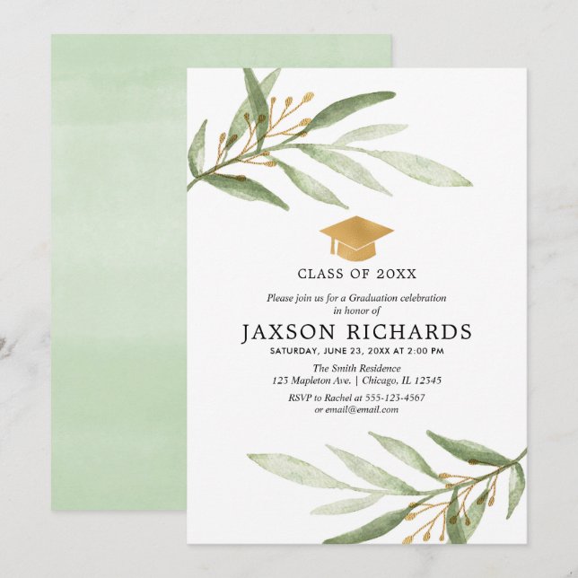 Greenery graduation, simple modern green gold grad invitation (Front/Back)