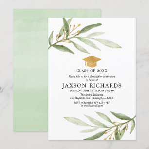 Greenery graduation, simple modern green gold grad invitation