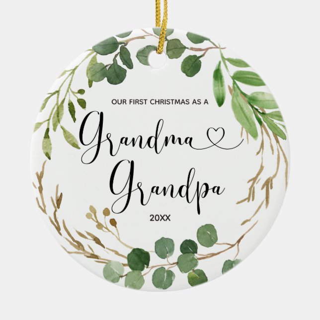 Greenery Grandma & Grandpa First Christmas Ceramic Tree Decoration (Front)