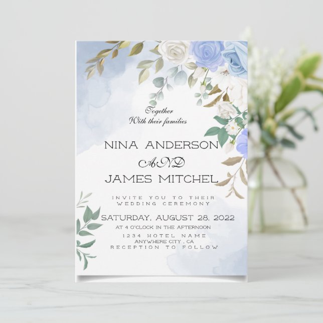 Greenery Green and bleu Wedding Invitation (Standing Front)