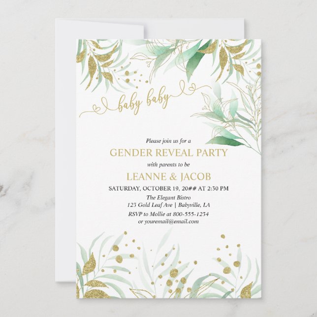 Greenery Green and Gold Elegant Gender Reveal Invitation (Front)