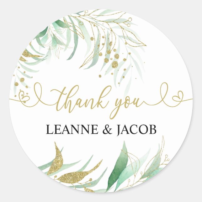 Greenery Green and Gold Elegant Personalised Classic Round Sticker (Front)