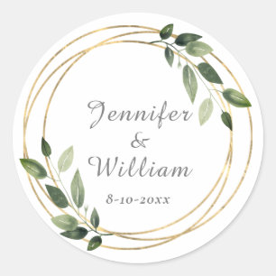 Greenery Green and Gold Geometric Rustic Wedding Classic Round Sticker