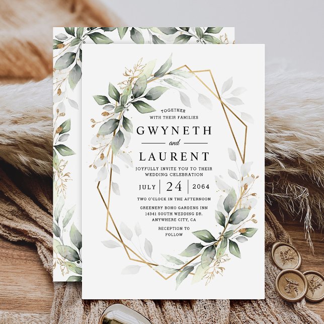 Greenery Green and Gold Geometric Rustic Wedding Invitation (Creator Uploaded)
