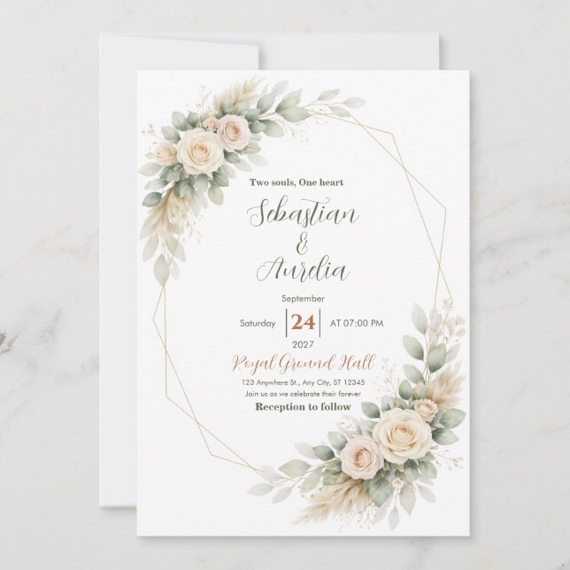 Greenery Green and Gold Geometric Wedding Invite (Front)