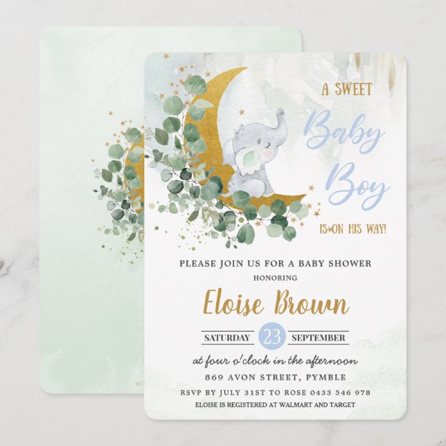 Greenery Green Elephant Sweet Baby Boy Shower  Inv Invitation (Front/Back)