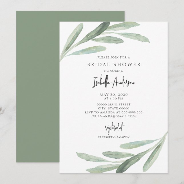 Greenery Green Foliage Olive Branch Bridal Shower  Invitation (Front/Back)