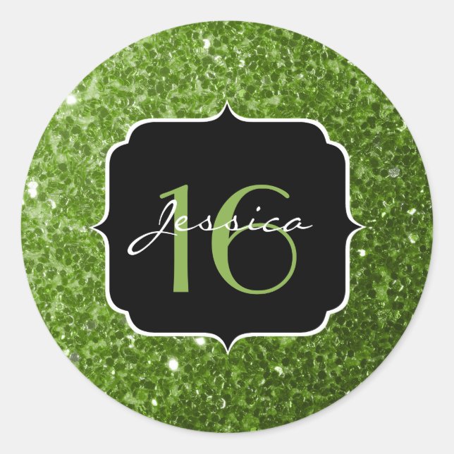 Greenery Green glitter sparkles Sweet 16 Classic Round Sticker (Front)