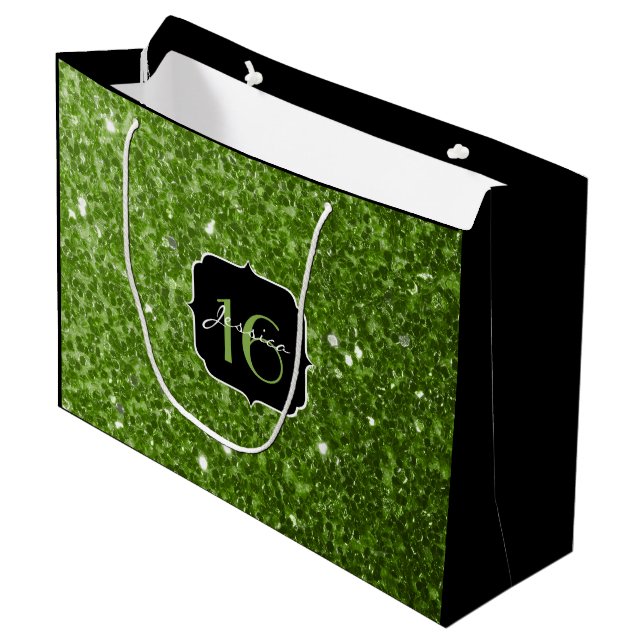 Greenery Green glitter sparkles Sweet 16 Large Gift Bag (Front Angled)
