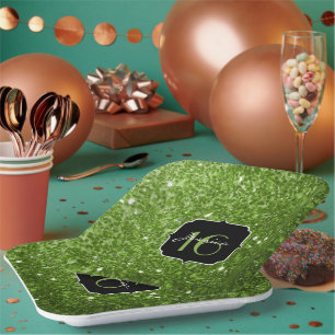Greenery Green glitter sparkles Sweet 16 Paper Plate