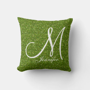 GREENERY GREEN glitter white Monogram YOUR NAME Cushion