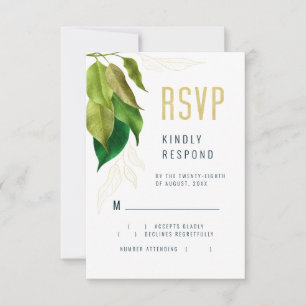 Greenery Green Gold Leaves Line Art RSVP Card