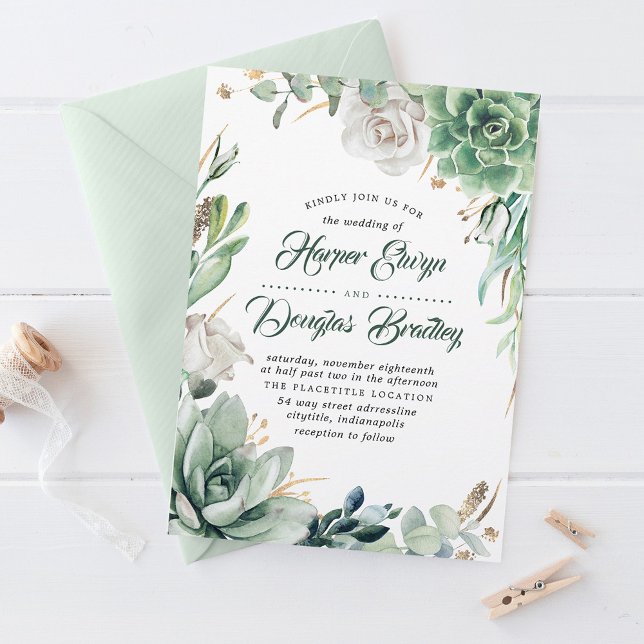 Greenery | Green & Gold | Succulent Floral Wedding Invitation (Creator Uploaded)