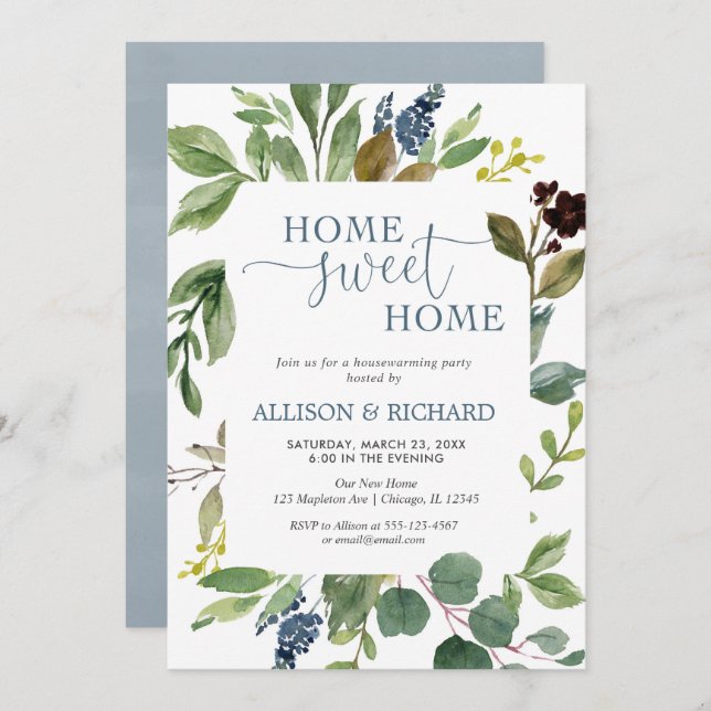 Greenery green leave dusty blue housewarming party invitation (Front/Back)