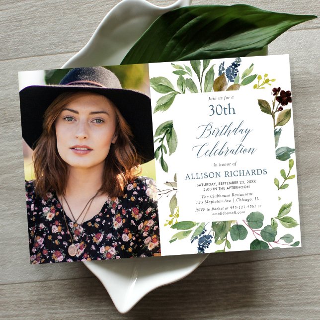 Greenery green leaves dusty blue birthday photo invitation (Creator Uploaded)