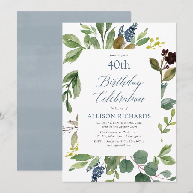 Greenery green leaves dusty blue floral birthday invitation (Front/Back)
