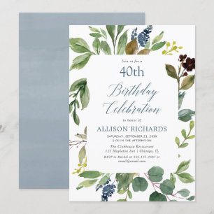 Greenery green leaves dusty blue floral birthday invitation