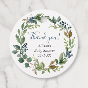 Greenery green leaves dusty blue floral botanical favour tags