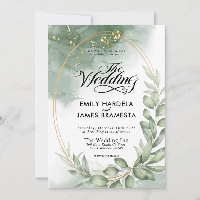Greenery Green Oval Gold Frame Watercolor Wedding Invitation (Front)