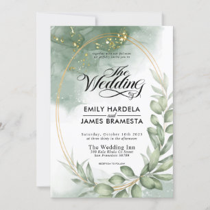 Greenery Green Oval Gold Frame Watercolor Wedding Invitation