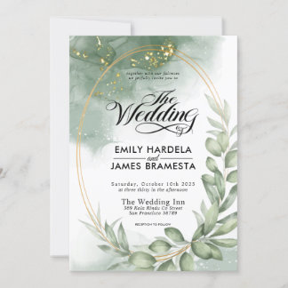 Greenery Green Oval Gold Frame Watercolor Wedding Invitation
